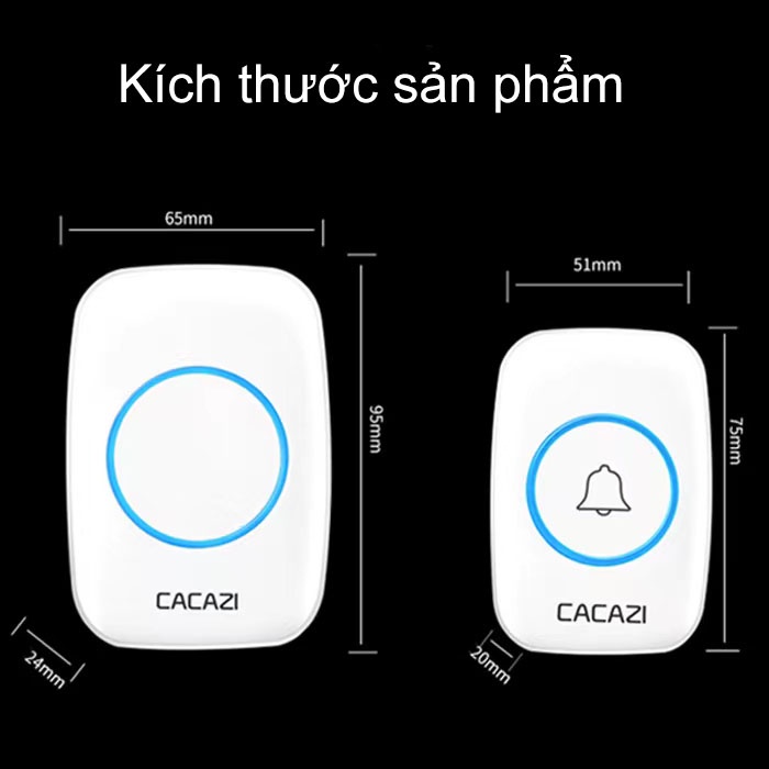 Chuông Cửa Không Dây Cacazi - Thu Phát Sóng Khoảng Cách 300m - Nút Nhấn Lắp Đặt Ngoài Trời Chống Thấm Nước Kèm Pin