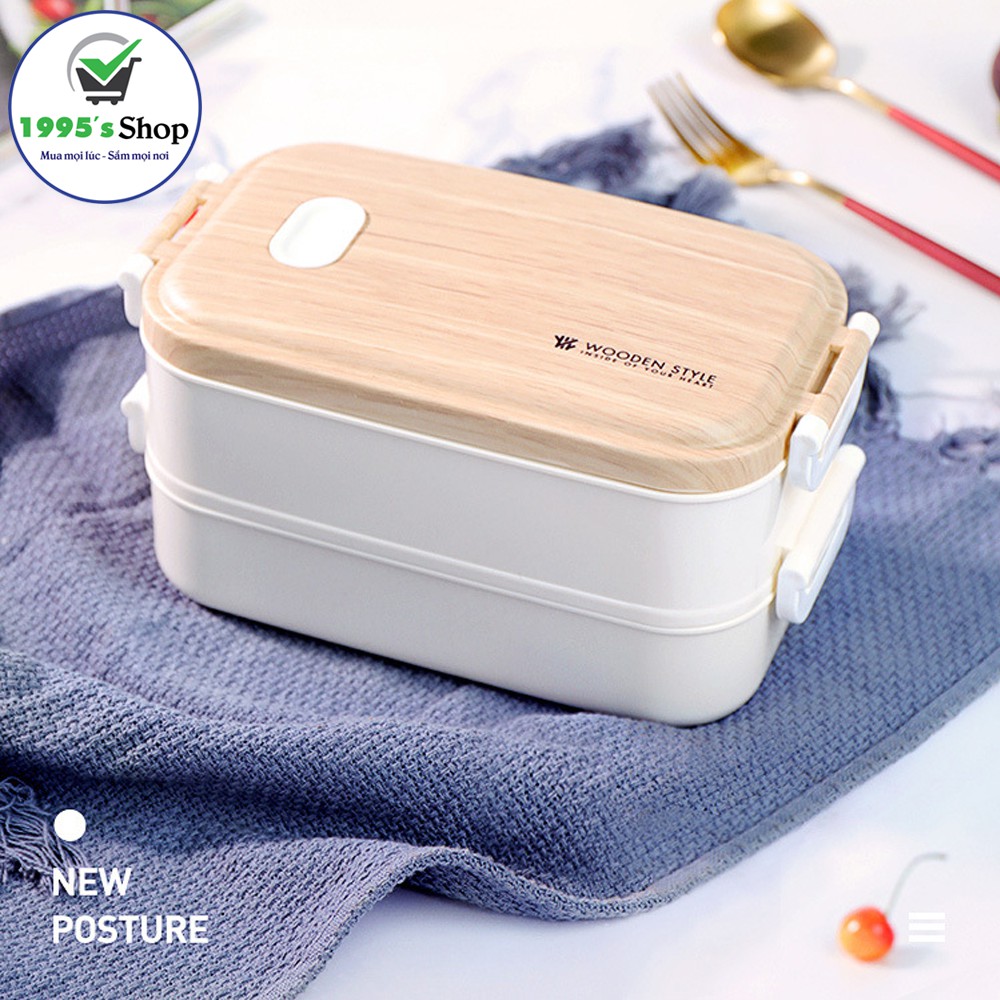 [Kèm Túi] Hộp Đựng Cơm WOODEN STYLE 2 Tầng Ruột Inox Tháo Rời HC01 | BigBuy360 - bigbuy360.vn