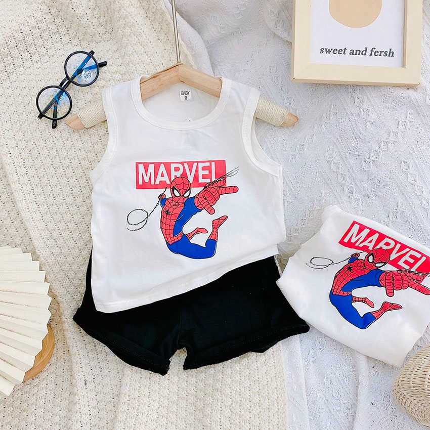 Bộ Quần Áo BA LỖ In Hình Người Nhện - Marvel Vải Coton Sang Chảnh Cho Bé Từ 7-19kg