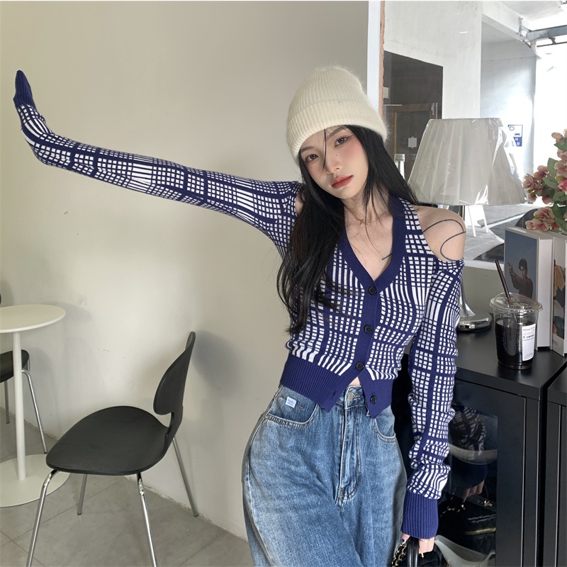 Porozi  Áo dệt kim tay dài cổ chữ V trễ vai phong cách thời trang Hàn Quốc dành cho nữ