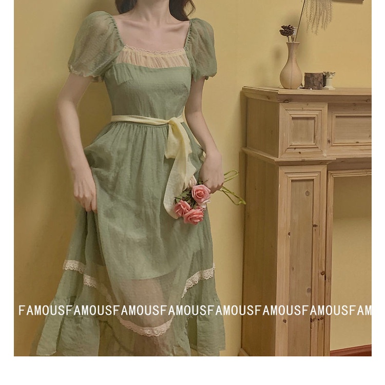 Đầm Công Chúa Dáng Dài Cổ Vuông Màu Xanh Lá Thời Trang Mùa Hè Hàng Mới Dành Cho Bạn Nữ