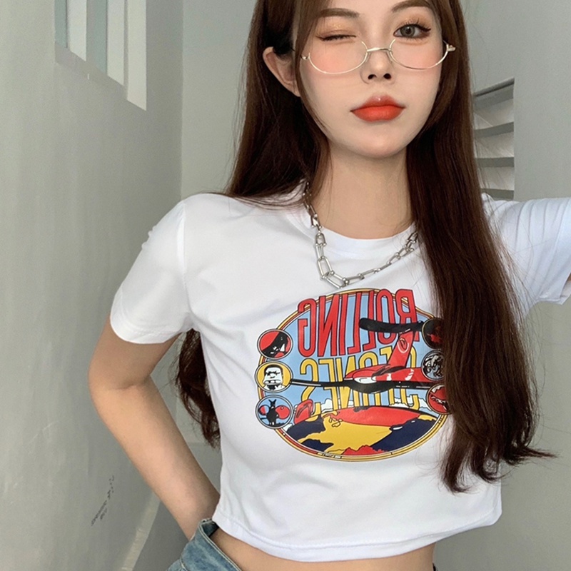 Áo Thun Cotton Ngắn Tay Lưng Cao In Họa Tiết Thời Trang Mùa Hè Cho Nữ
