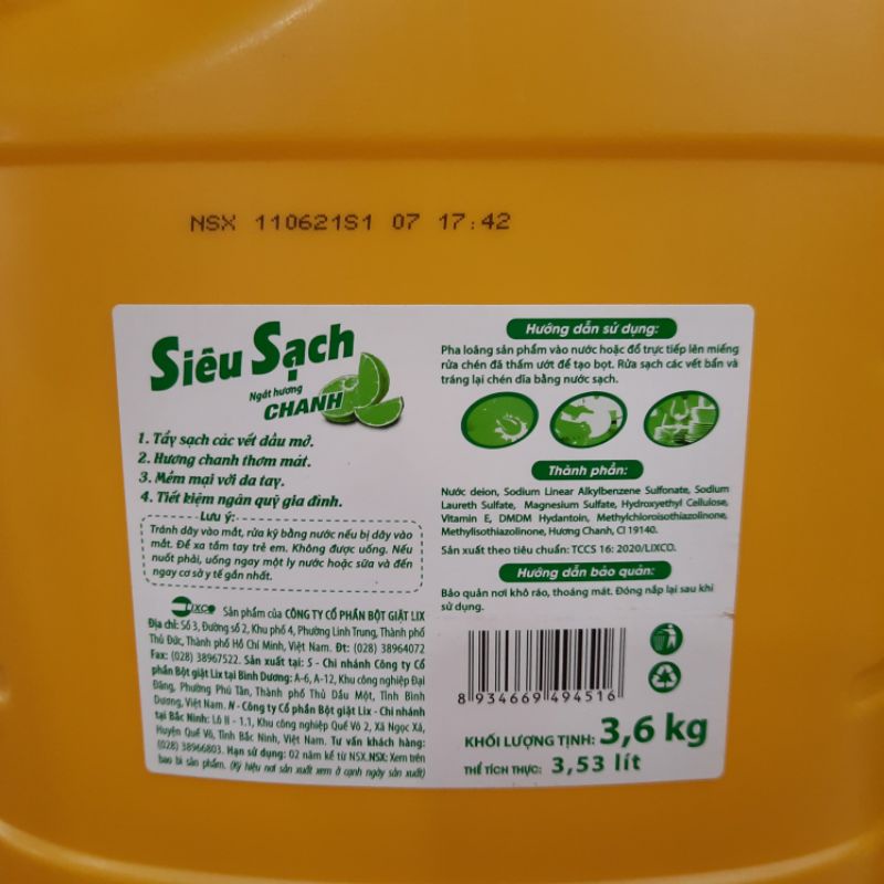 Nước rửa chén Lix siêu sạch hương chanh can 3.6kg