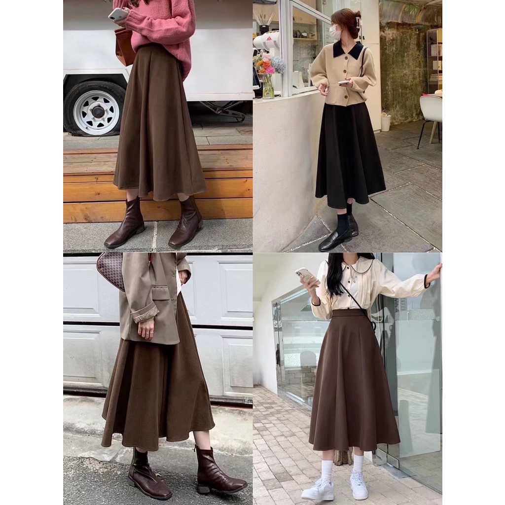 (ẢNH THẬT)Chân váy midi dạ 2 ly cạp chun lưng dáng dài