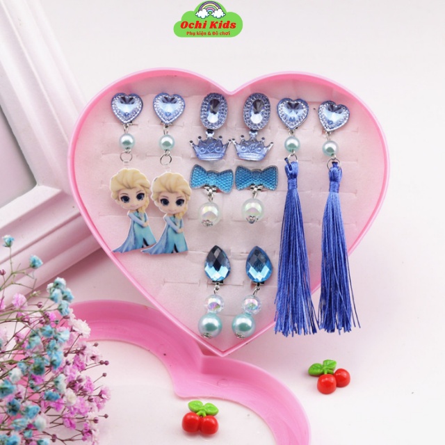 [MẪU MỚI NHẤT] Set Đồ Trang Sức Khuyên Tai Hoạt Hình Elsa Cho Bé Gái, Hộp Phụ Kiện Trang Trí