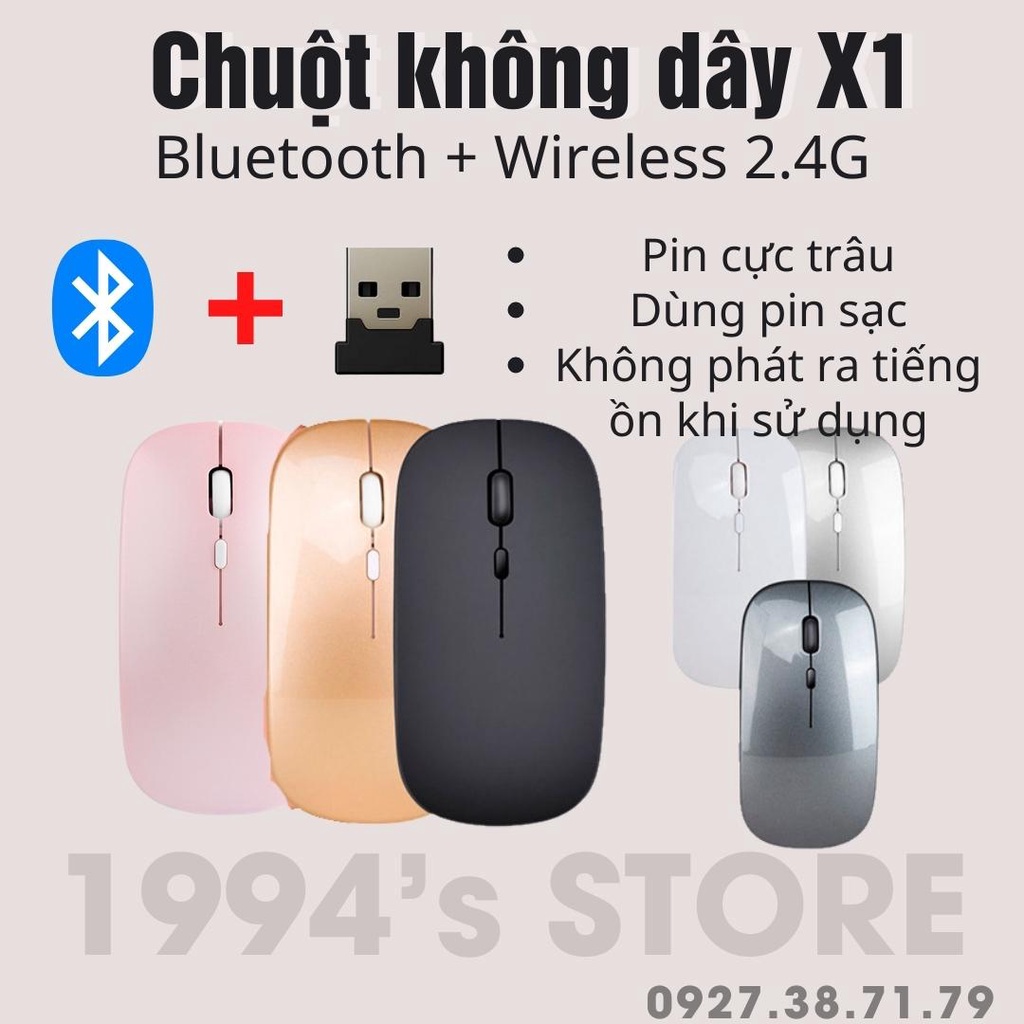 (CÓ SẴN) Chuột Không Dây X1 Bluetooth 5.1 và Wireless 2.4G Nhỏ Gọn, Nhẹ, Dùng Pin Sạc, Không Âm Thanh