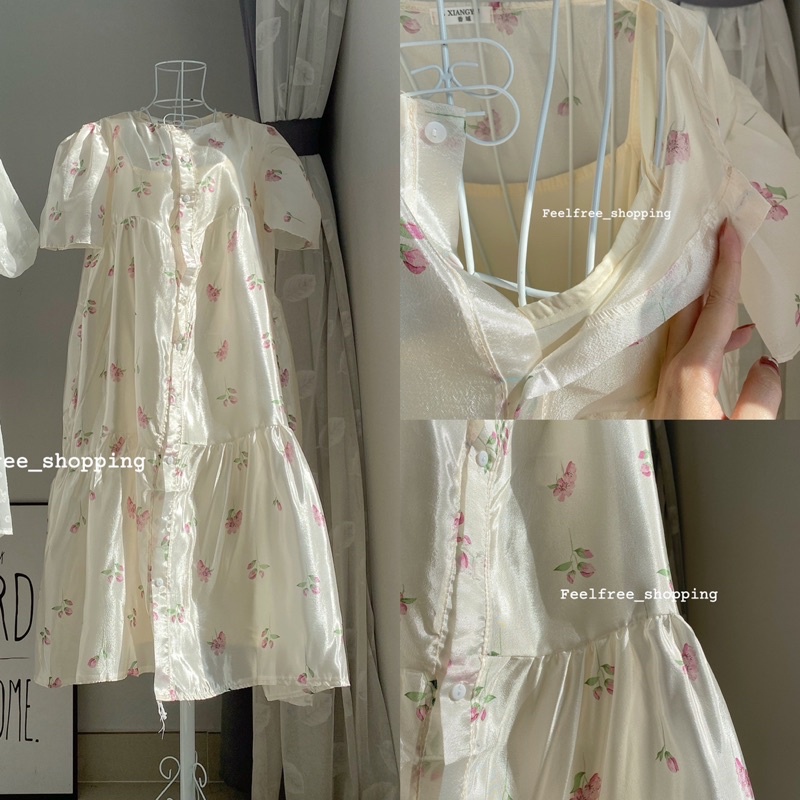 Đầm Váy Be Babydoll Hoa Nhí 2 Lớp Mặc Đi Tiệc Đi Chơi (Hình Thật)