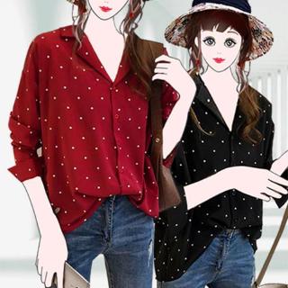 Áo sơ mi Chiffon chấm bi tay dài cho nữ
