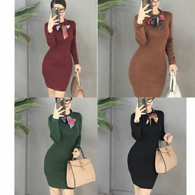 Váy len body cổ nơ