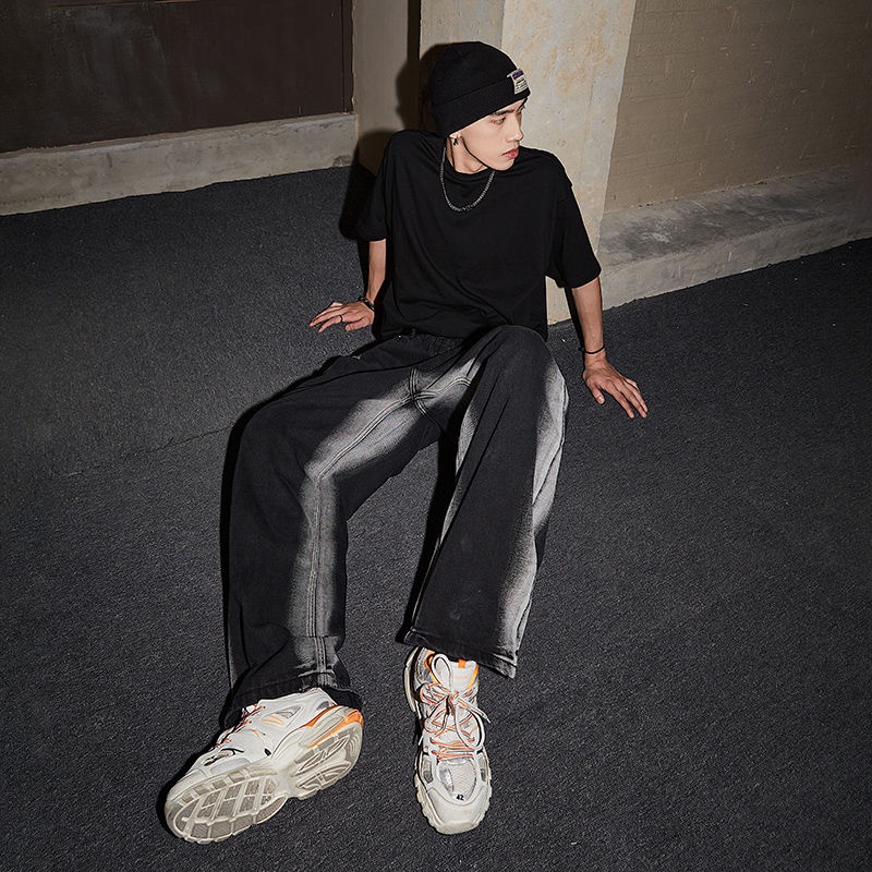 Quần Jeans Dài Ống Rộng Màu Đen Phong Cách Đường Phố Nhật Bản Cho Nam