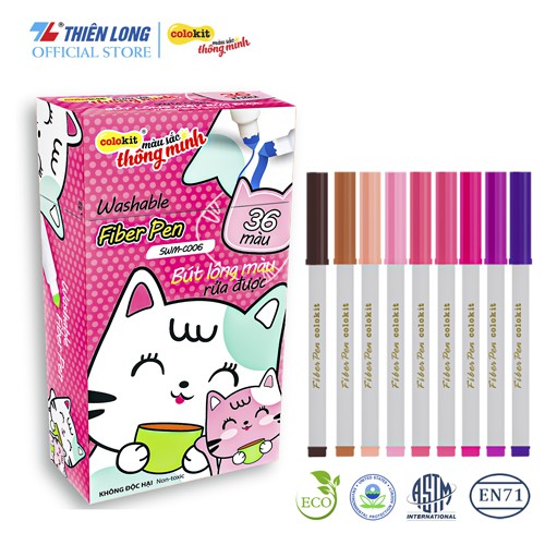 Tặng Kèm Bình Nước  - Bút Lông Màu Thiên Long Fiber Pen Washable SWM-C006 - 36 Màu