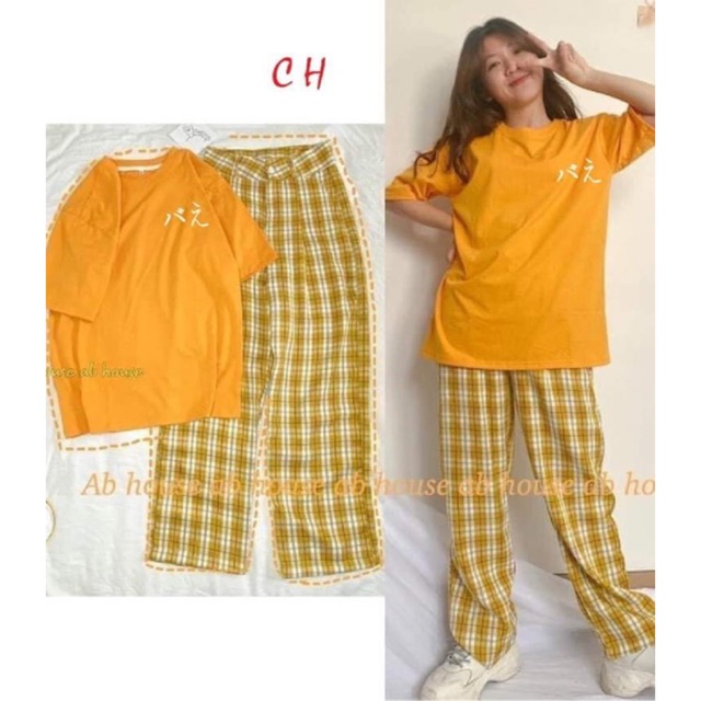 Sét áo chữ Nhật in tim + quần kẻ cạp chun CH12