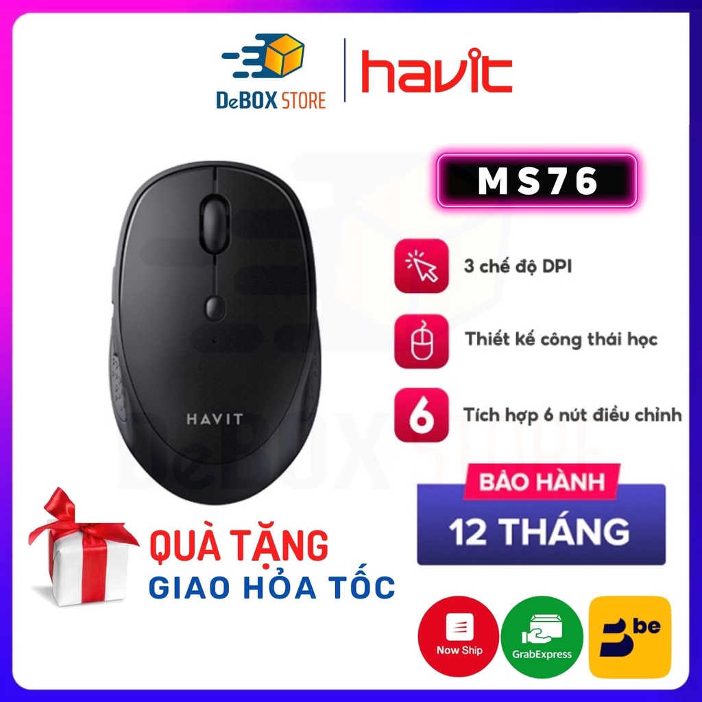 【Giao Hỏa Tốc】Chuột Không Dây HAVIT MS76, Thiết Kế Công Thái Học, 3 DPI+ 6 Nút Chỉnh, Tuổi Thọ 3Tr Lần Nhấn - Chính Hãng