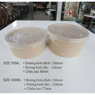 10 Hộp giấy/bát giấy tròn nâu kraft nắp đục PP chịu nhiệt