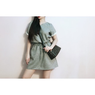 Đầm linen tay ren dây rút eo