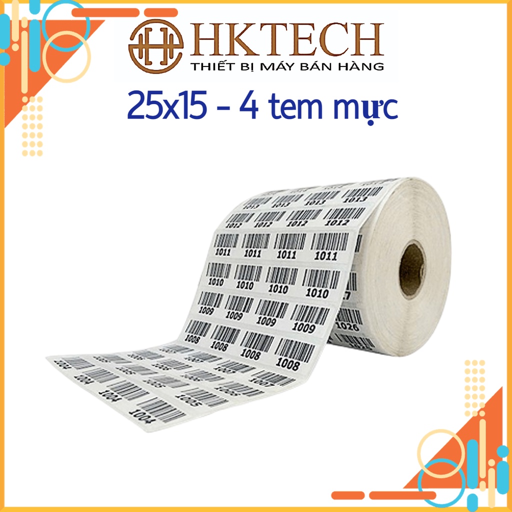Giấy in mã vạch khổ 25x15 mm, 4 tem/hàng, cuộn 50m, giấy in mực