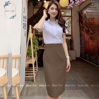 Chân váy bút chì Blue Chic lưng cạp cao có lớp lót đồ công sở ôm body xẻ sau dáng dài màu nâu den xanh