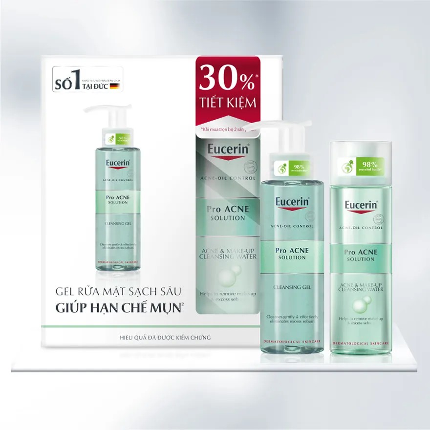 Combo Eucerin Làm Sạch Sâu Cho Da Mụn (Gel Rửa Mặt ProAcne 200ml &amp; Tẩy Trang ProAcne Cleansing Water 200ml)