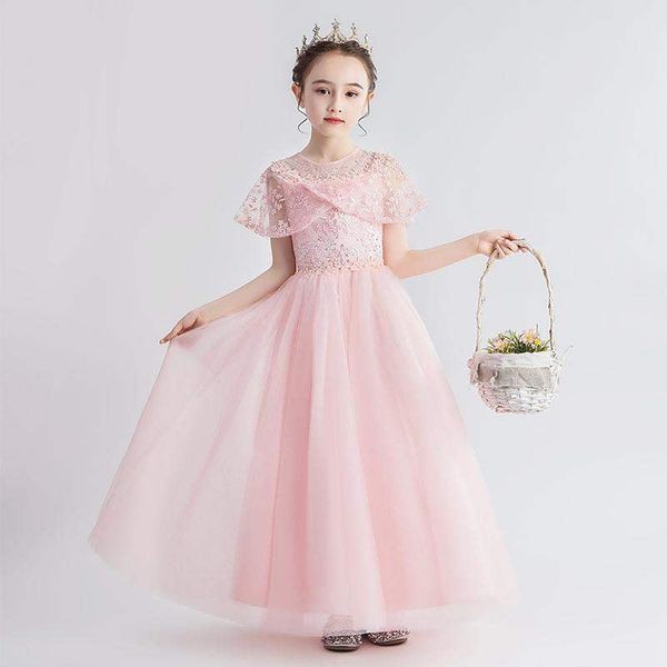 [Hàng thiết kế] Đầm công chúa màu Hồng nhạt choàng vai ren thêu cao cấp cho bé
