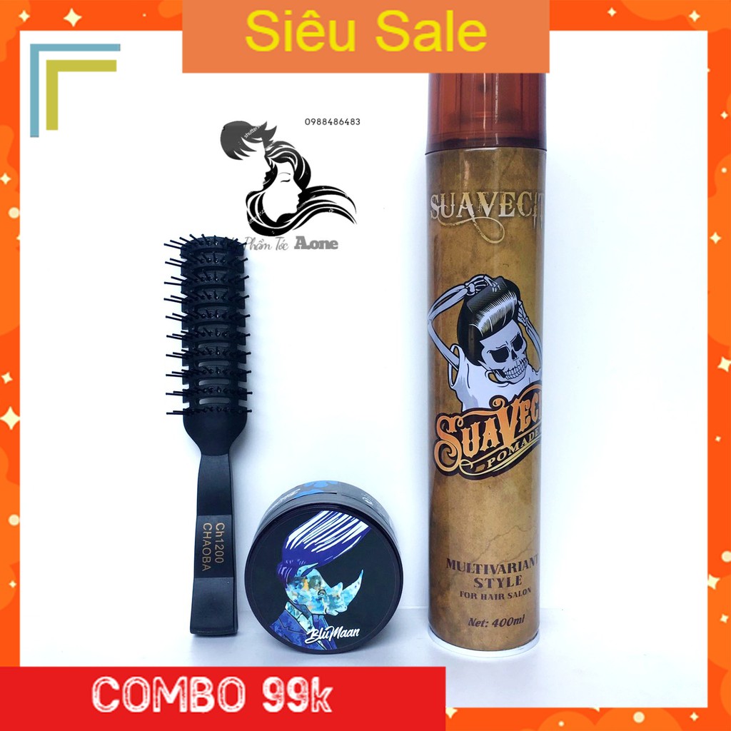 [HÓT ] COMBO Gôm Xịt Tóc  SUAVECITO 400ML + Sáp Vuốt Tóc Nam BluMaan Styling Meraki (Bản Tê Giác Xanh ) + Lược