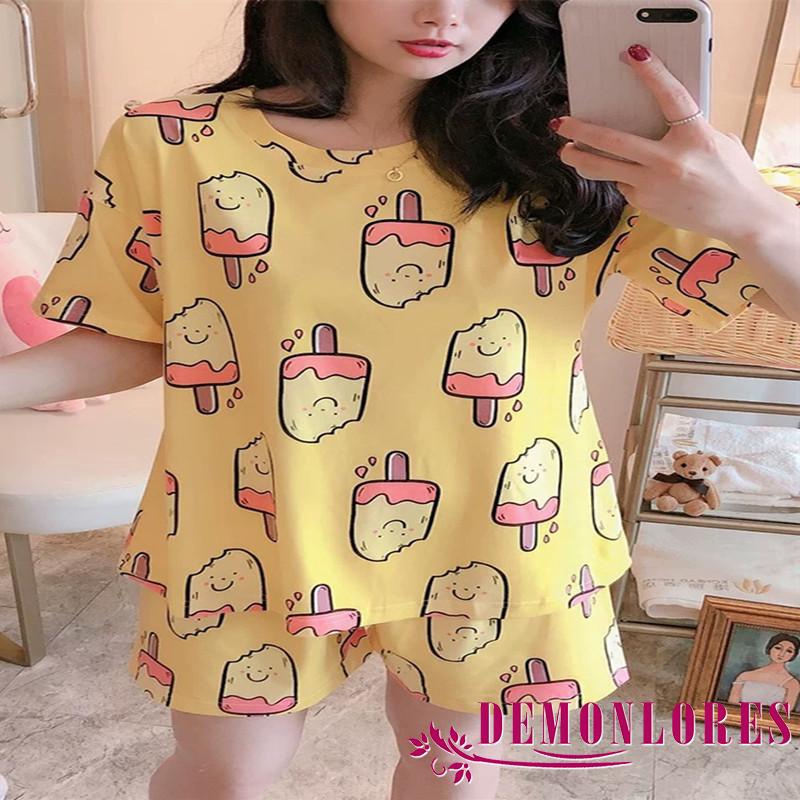 Set đồ ngủ 2 món áo tay ngắn và quần short dáng rộng họa tiết in hình cây kem hoạt hình dễ thương