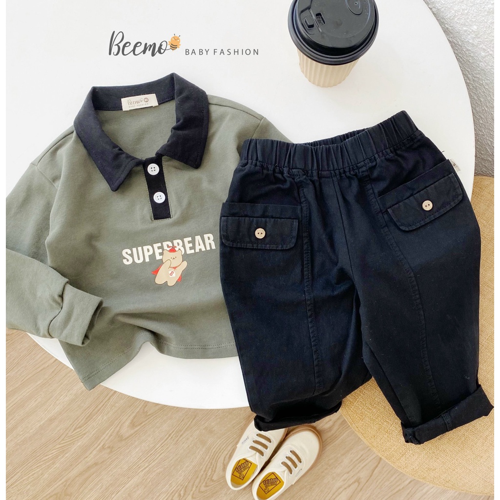 Bộ quần áo bé trai thời trang Hàn Quốc Beemo Áo dài tay polo hình gấu quần kaki đen be cho bé trẻ em - STB
