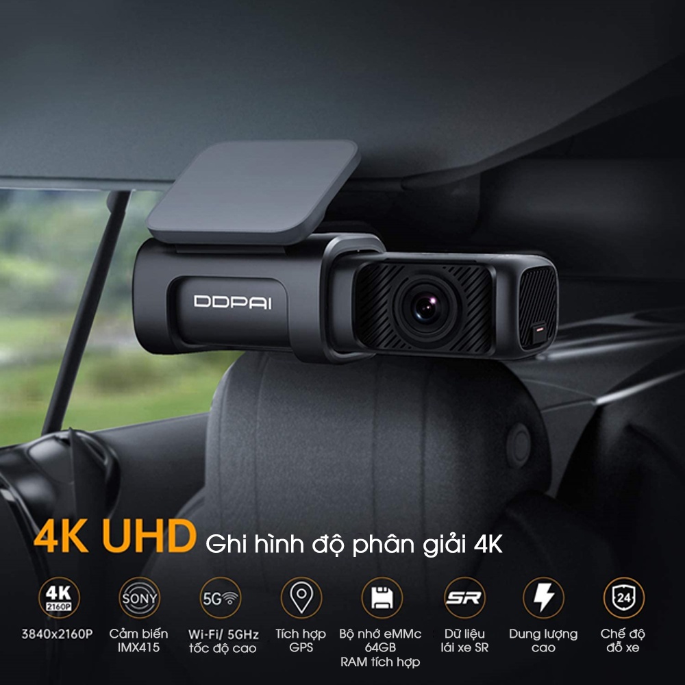Camera hành trình DDPai Mini 5 / Độ phân giải 4K 2160P / Tích hợp GPS / Bộ nhớ eMMC 64Gb / Wifi 5G / Chế độ đỗ xe 24h