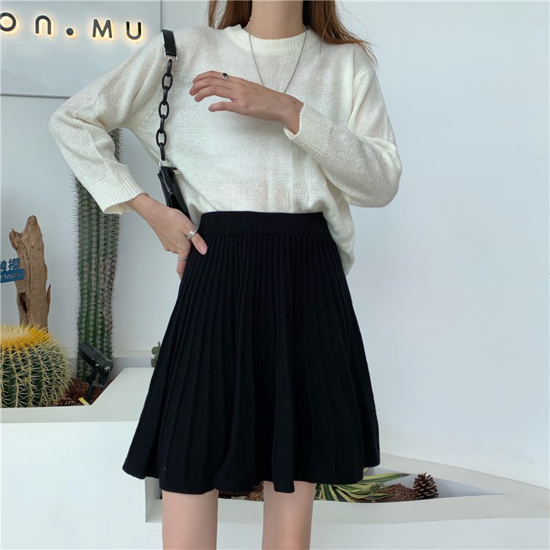 Chân váy Len Ngắn Xếp ly Dáng chữ A Lưng cao Màu trơn Ulzzang Hàn Quốc Chân váy Len Ngắn Cạp cao Thu Đông