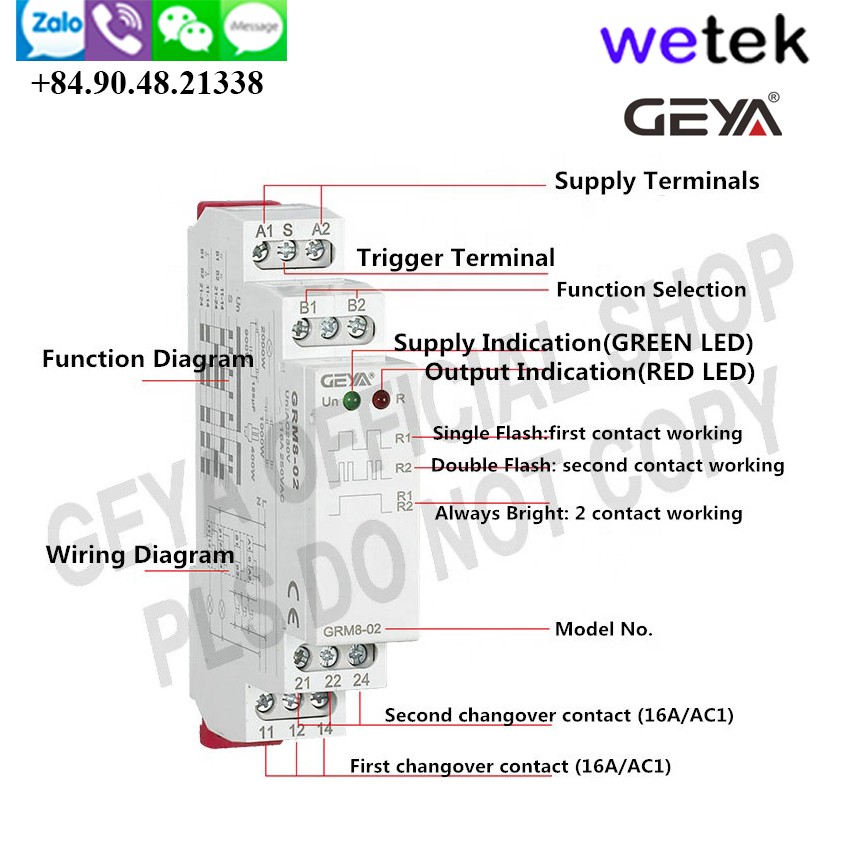 Relay chốt luân phiên Geya GRM8-02, luân phiên theo xung, 18mm, 2 cặp tiếp điểm 16A, thay thế hoàn toàn cho G4Q OMRON