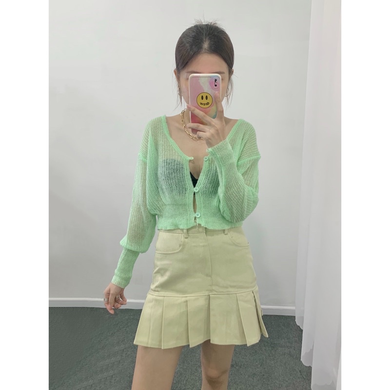 Áo cardigan nữ len mỏng màu trắng/hồng/xanh lá/xanh dương + Chân váy kaki chữ A xếp ly đuôi màu hồng/kem - Meadow