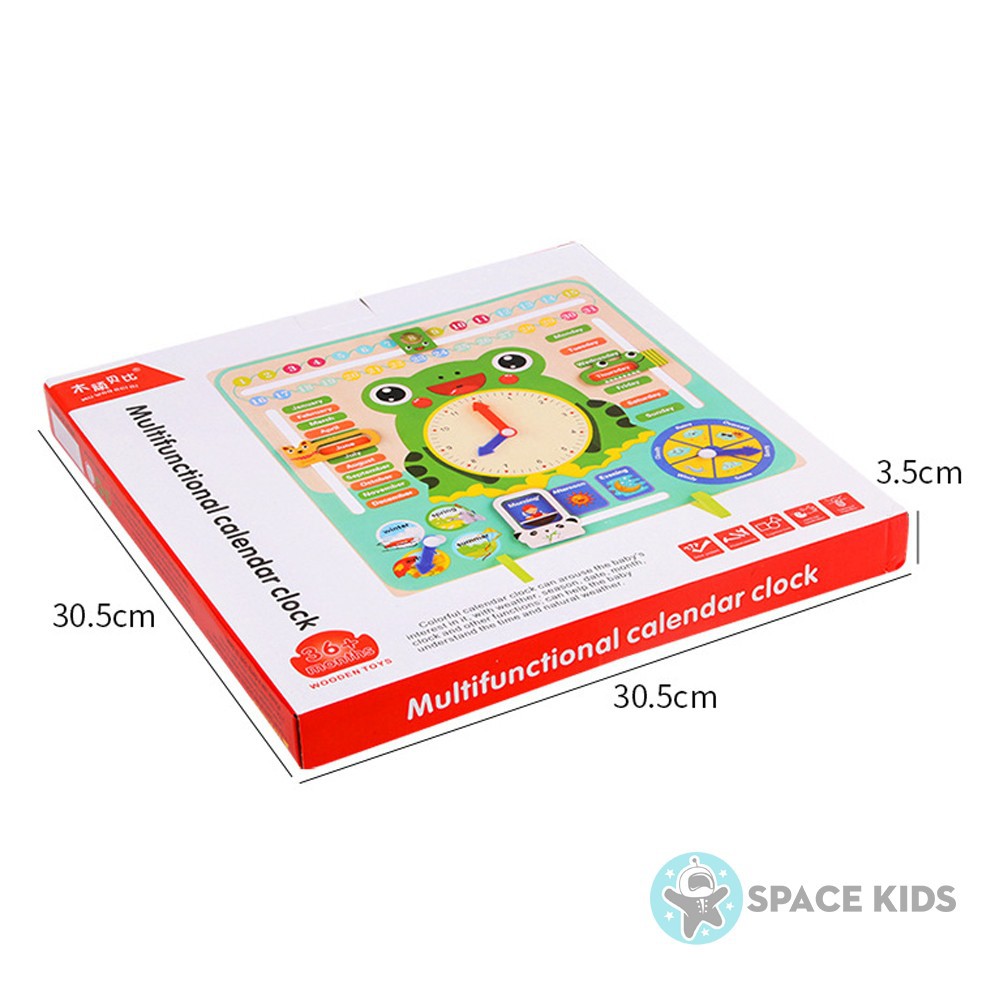 Đồ chơi cho bé Bảng lịch, đồng hồ con ếch bằng gỗ Space Kids cho bé học lịch, thời tiết, thời gian bằng Tiếng Anh