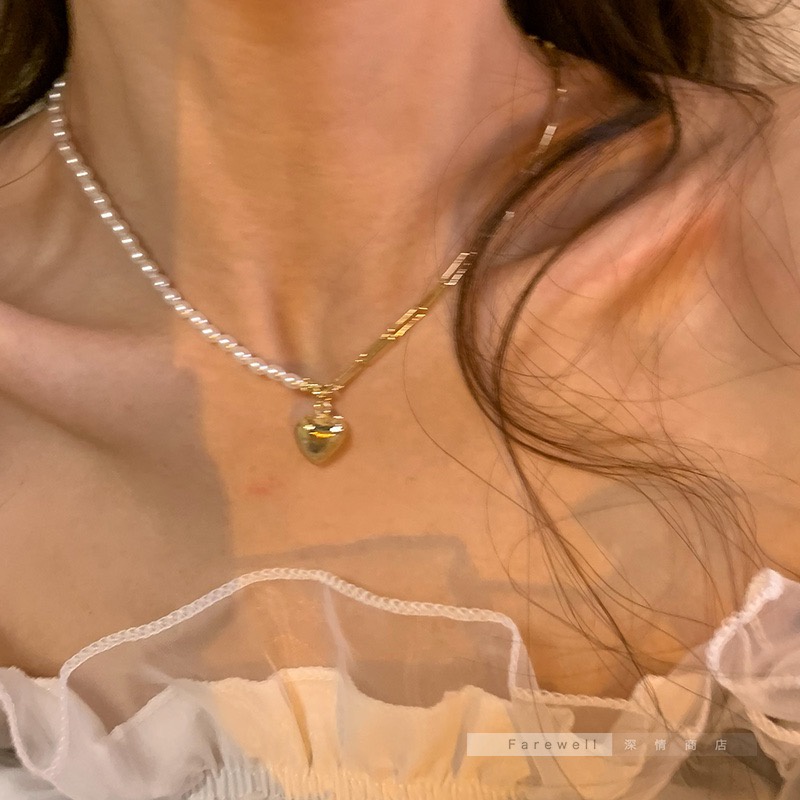 Vòng cổ mạ vàng 14K trái tim nối ngọc trai nước ngọt đơn giản
