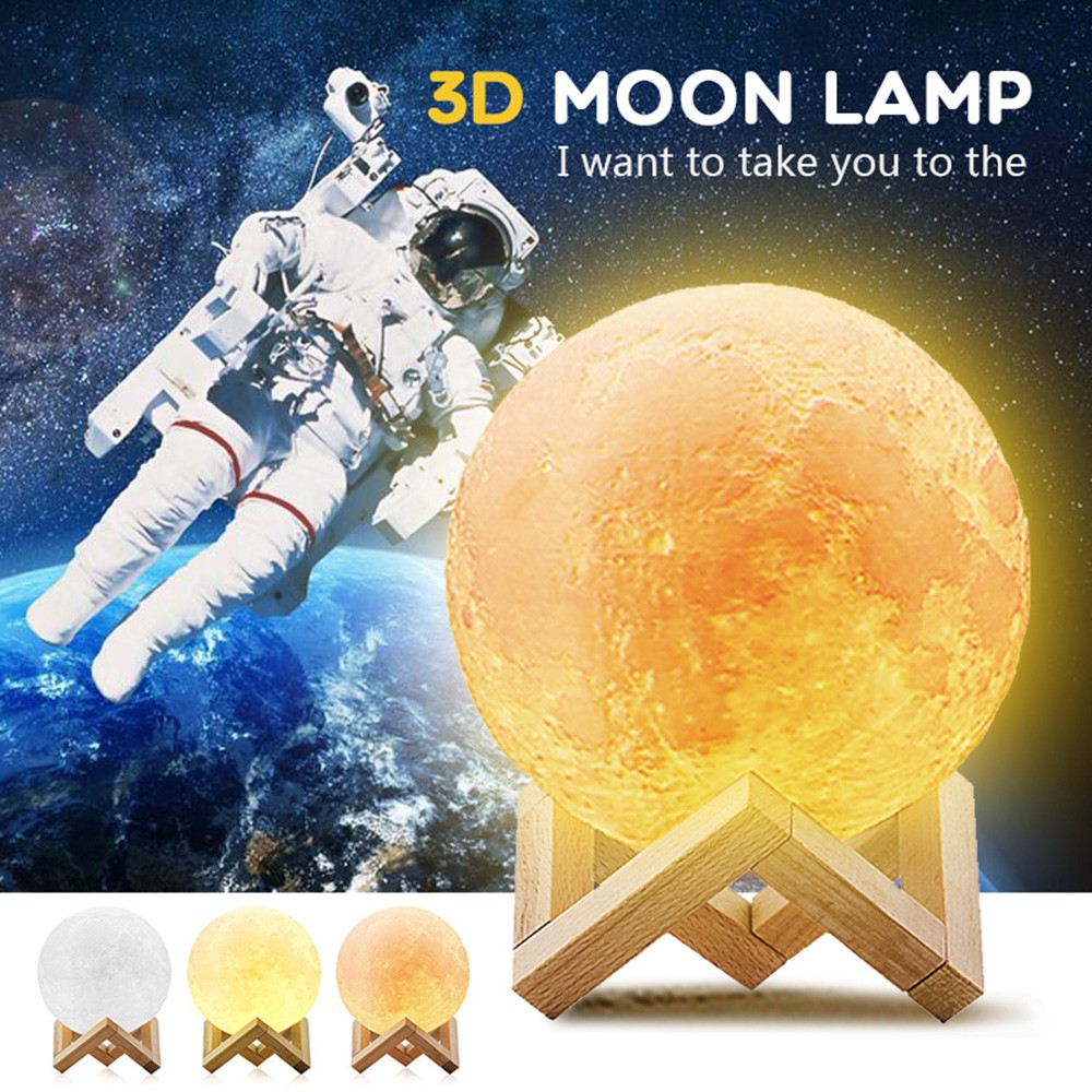 2020SKY 3 Colors 3D Printing Moon Light Lunar Night Lamp Warm & Cool White Dimmable Touch Control Home Decorative Light