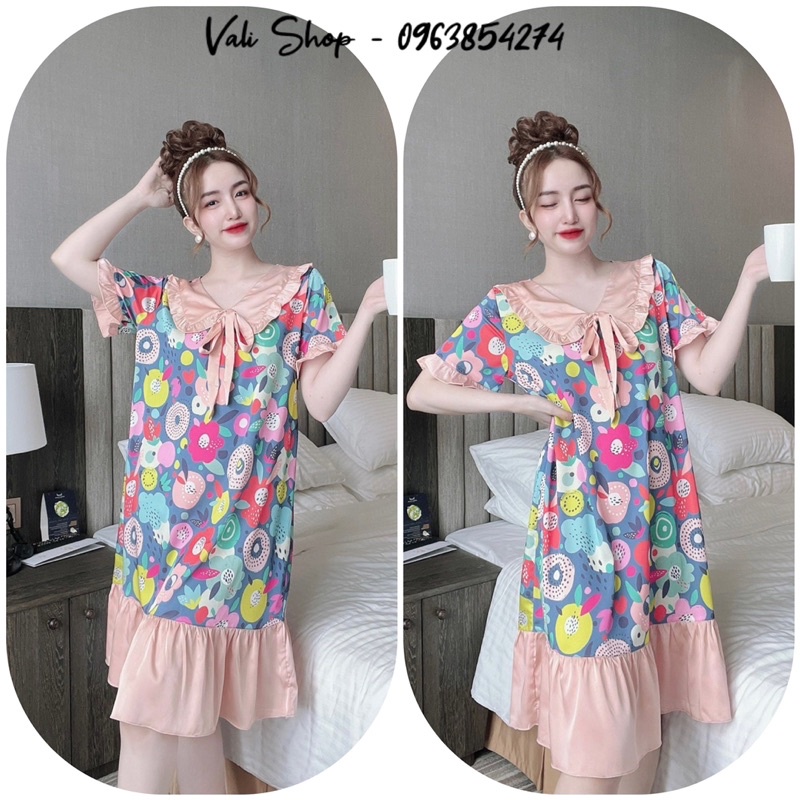 Váy đầm ngủ mặc nhà lụa latin hoạ tiết freesize 42-57kg