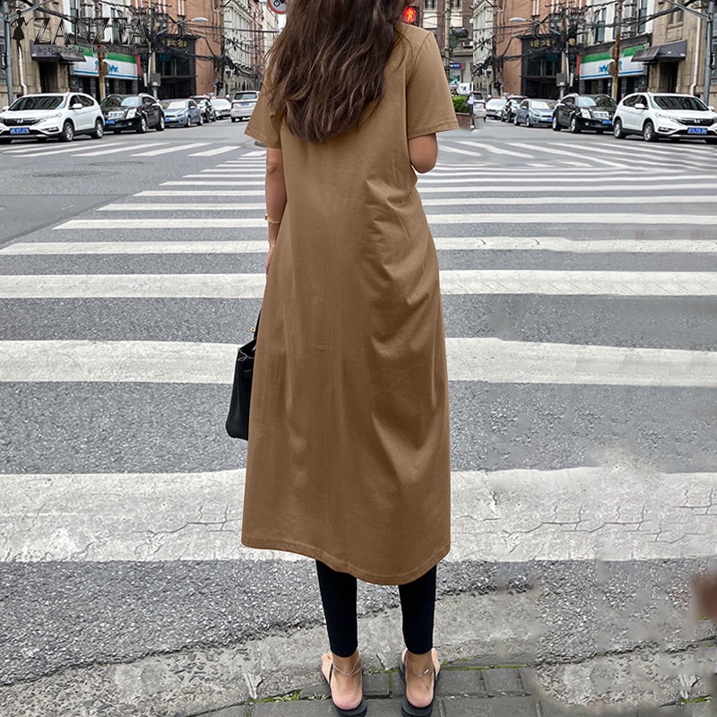 Áo thun dài ZANZEA thiết kế tay ngắn cổ tròn trơn màu dành cho nữ