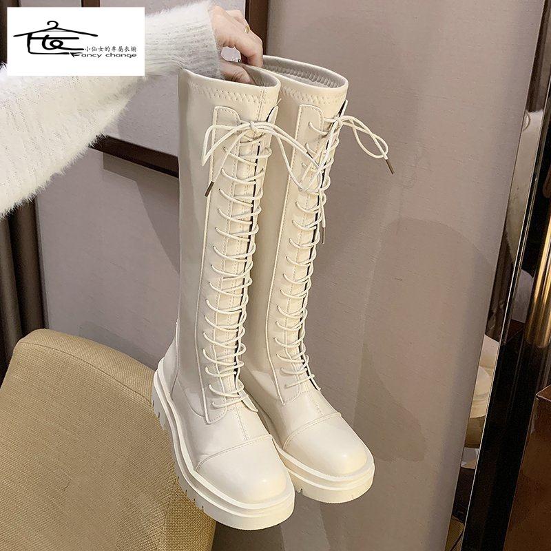 Giày Bốt Trắng Cổ Cao Đế Dày Thoáng Khí Thời Trang Xuân Thu Năm 2021 Cho Nữ