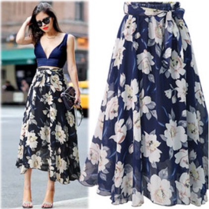 Chân váy midi lưng cao chất Chiffon hoạ tiết hoa nữ tính