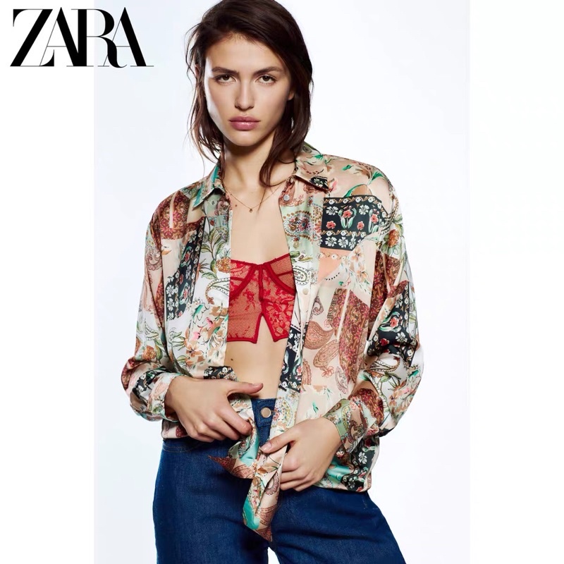 Áo sơ mi lụa đuôi tôm hoạ tiết Zarraa