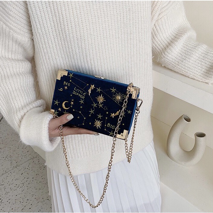 {HÀNG CÓ SẴN + ẢNH THẬT} TÚI XÁCH NỮ DÁNG HỘP NHUNG THÊU HỌA TIẾT THIÊN HÀ - CLUTCH NỮ ĐI TIỆC CẦM TAY ĐEO CHÉO