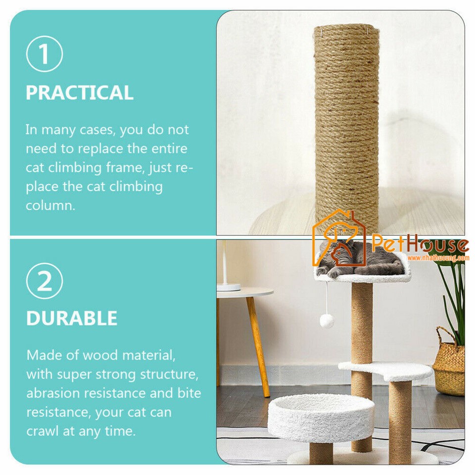 Trụ cào móng mèo thay thế nhiều kích thước lõi nhựa tiền phong đầu bịt plywood, dây thừng cói siêu bền