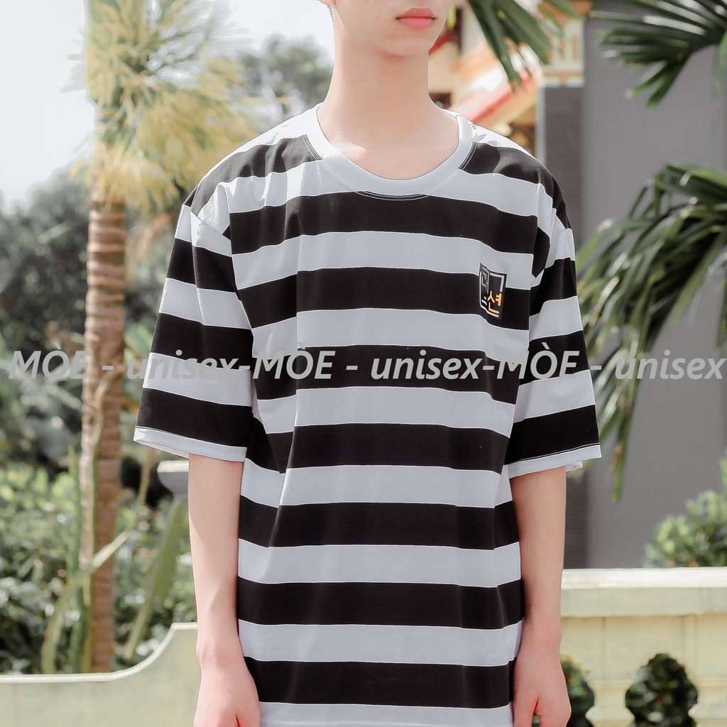 Áo thun unisex tay lỡ form rộng ,sọc ngang đen trắng | BigBuy360 - bigbuy360.vn