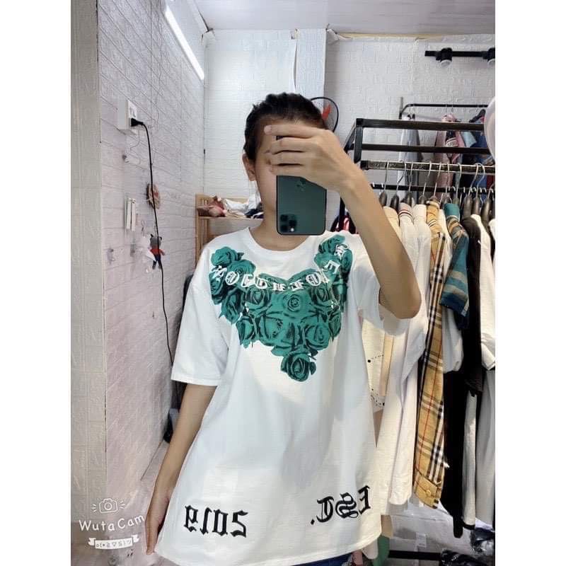 Áo phông hoa hồng xanh chữ vòng cổ H2A868