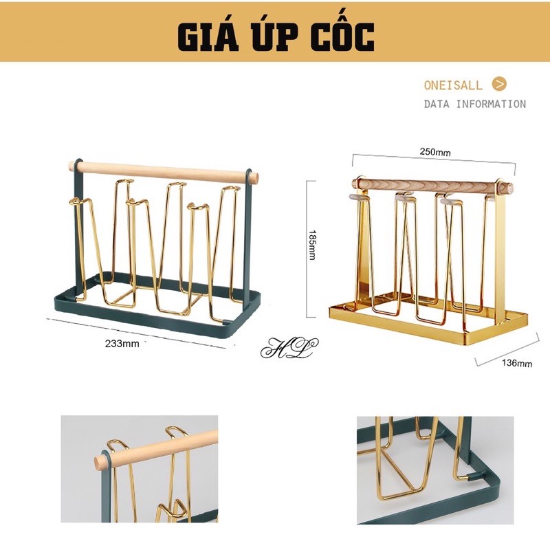 Giá úp cốc 6 ngăn hợp kim mạ vàng cao cấp cới tay cầm bằng gỗ ❤️ Khay úp cốc ly ❤️ Home decor