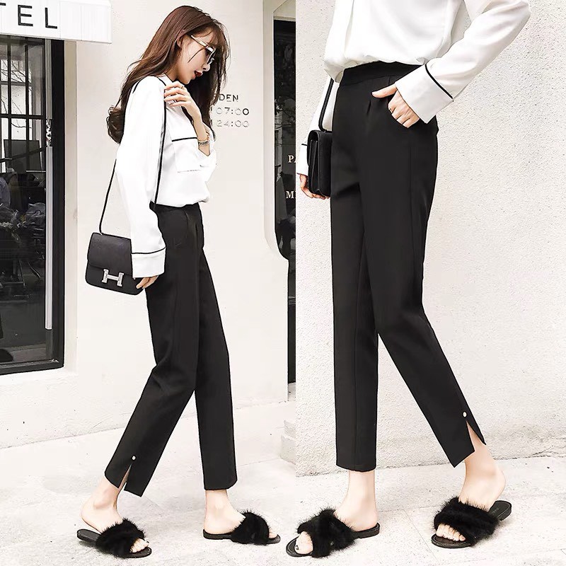 Quần baggy nữ cạp cao xẻ gấu phong cách mới chất tuyết mưa dày dặn 3 màu Trắng Đen Kem