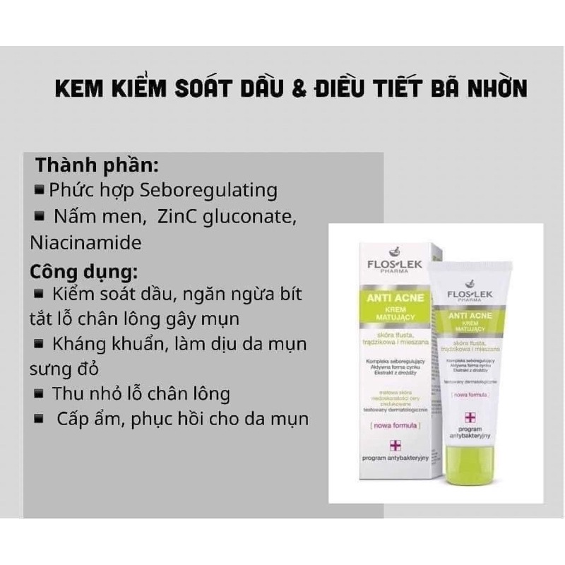 [NHẬP KHẨU] Kem kiểm soát dầu và điều tiết nhờn Floslek Anti Acne Mattifying Cream 50ml