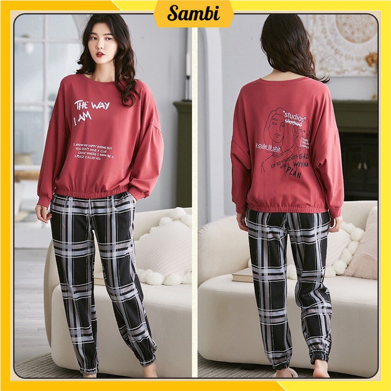 Bộ đồ thu đông nữ Sambi bộ mặc nhà dài tay quần kẻ họa tiết dễ thương cao cấp | BigBuy360 - bigbuy360.vn