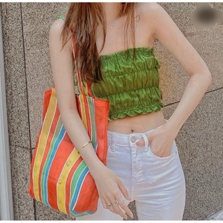 Áo croptop ống ulzzang - áo đũi quây bèo ngực màu xanh