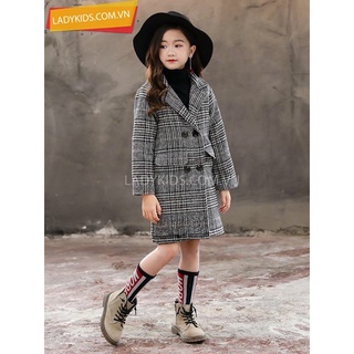 Áo dạ dáng dài blazer kẻ, áo dạ tây, áo dạ bé gái, áo măng tô bé gái, áo dạ dáng dài
