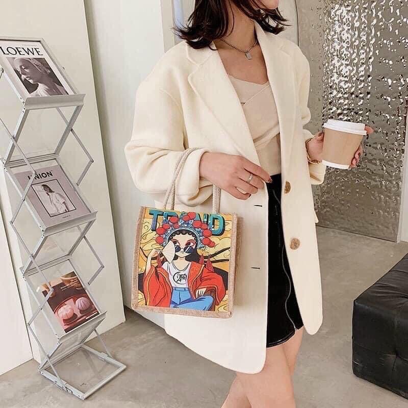 Túi Cói Phong Cách Vintage In Hình 💖 FREESHIP 💖Túi Vải Mini Thời Trang - Có Khóa Kéo