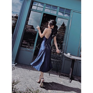 ĐẦM LỤA CỔ YẾM LALADY màu XANH ĐEN by SILK LAYER T.